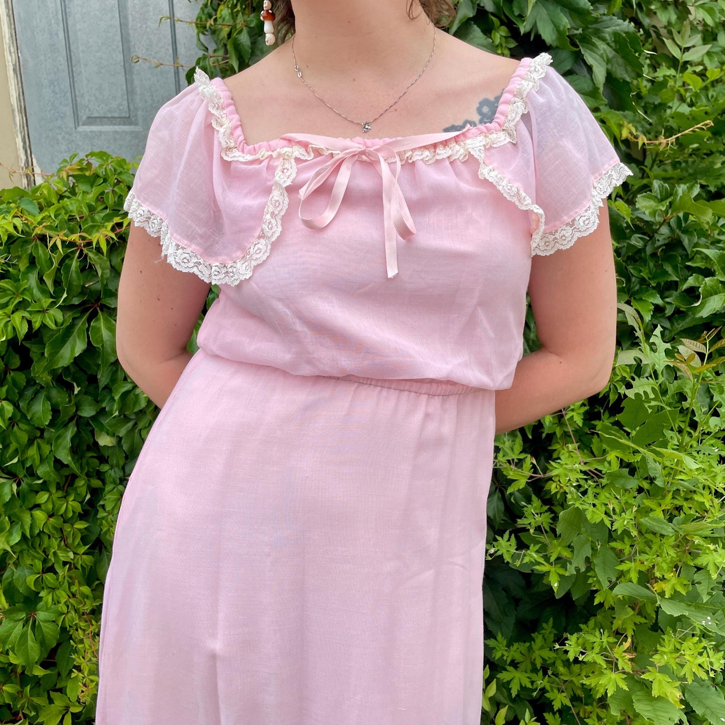 vtg 70s SHEER PINK MAXI // cute pastel cape sleeve ribbon trim hippie prairie style baby pink flowy full length ethereal renaissance fairy