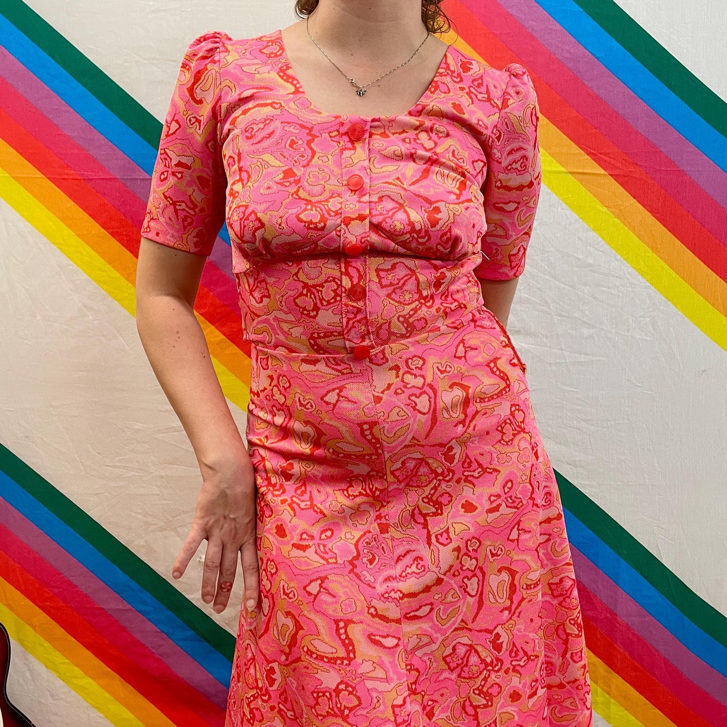 vtg 70s ABSTRACT PINK LAVA Lamp dress // trippy psychedelic acid drip funky neon retro belted button up midi autumn fall halloween party