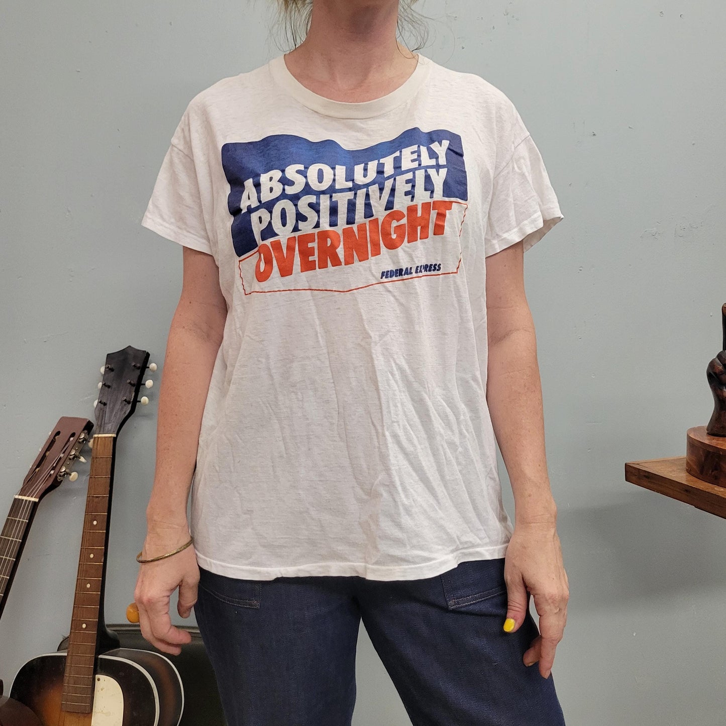 vtg 80s OVERNIGHT FEDERAL EXPRESS tshirt // vintage paper thin white tee ups usps tracking package ship shipper memphis work street style