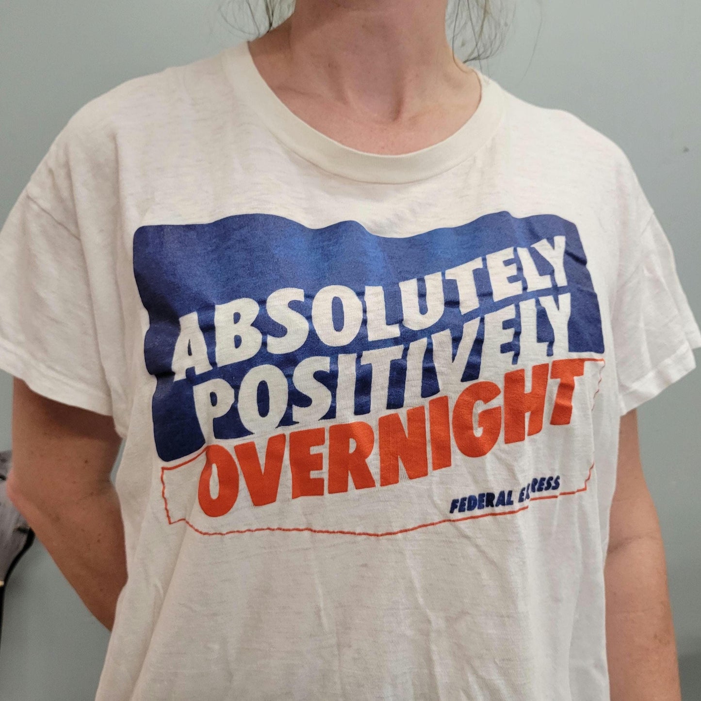 vtg 80s OVERNIGHT FEDERAL EXPRESS tshirt // vintage paper thin white tee ups usps tracking package ship shipper memphis work street style