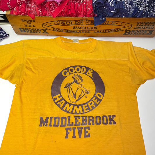 vtg 80s GOOD & HAMMERED Tee // yellow paper thin graphic wacky packs arm hammer footbal jersey t shirt size XL Soffe tags middlebrook five