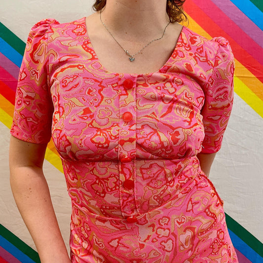 vtg 70s ABSTRACT PINK LAVA Lamp dress // trippy psychedelic acid drip funky neon retro belted button up midi autumn fall halloween party