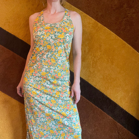vtg 70s SLINKY FLORAL DRESS // vintage flowy garden breezy lightweight autumn casual layers retro fashion pinafore tank overall sleeveless