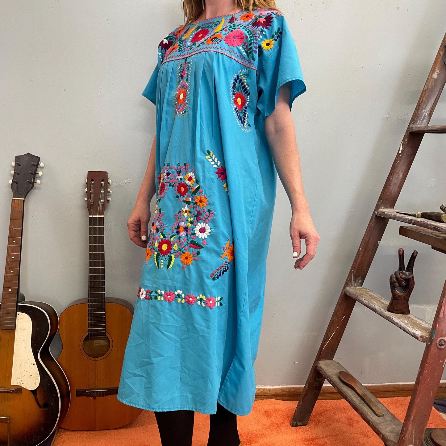 vtg 70s EMBROIDERED OAXACAN DRESS // bright blue floral Mexican cultural hippie boho maxi coco day of the dead festive flower power retro