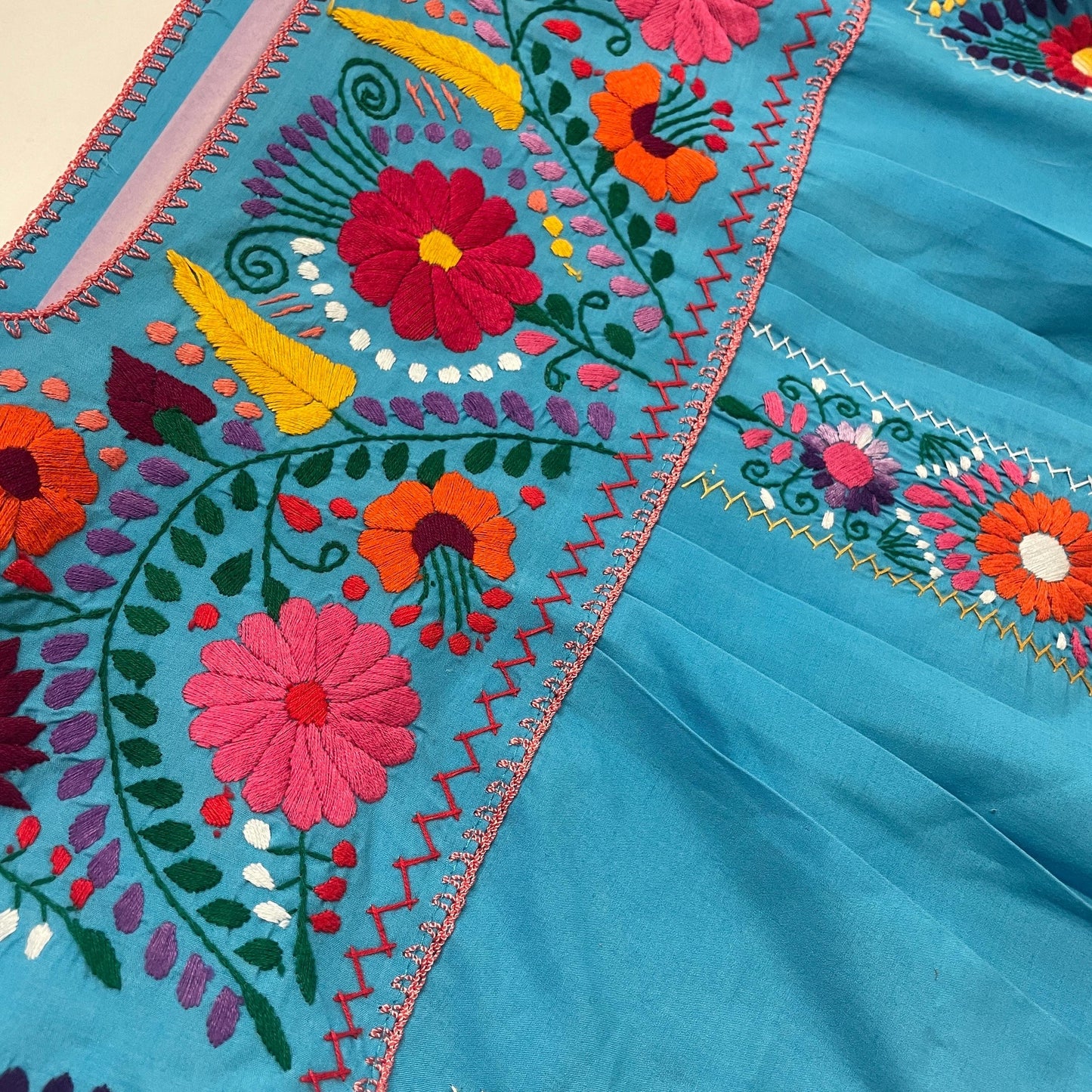 vtg 70s EMBROIDERED OAXACAN DRESS // bright blue floral Mexican cultural hippie boho maxi coco day of the dead festive flower power retro