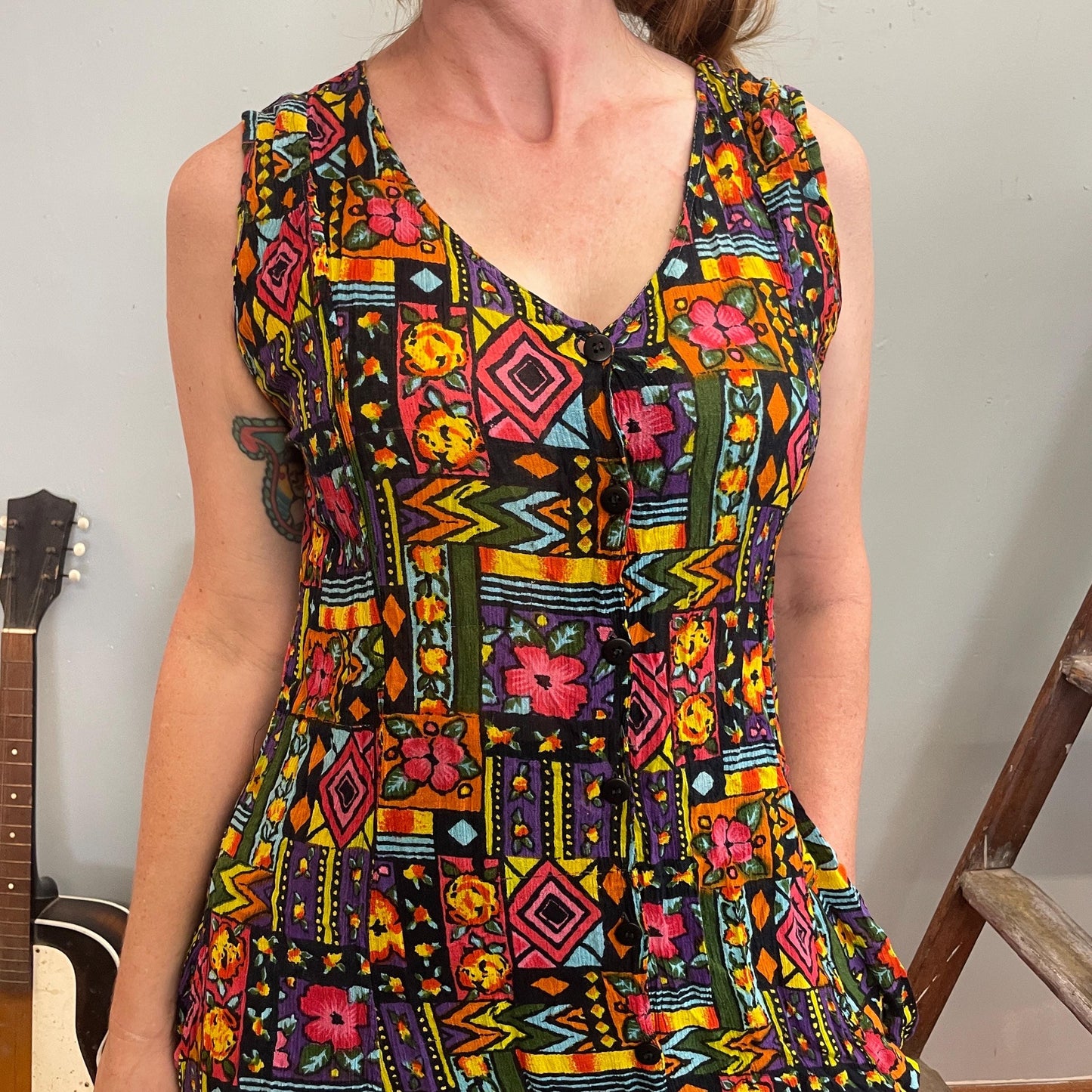 vtg 80s ABSTRACT PRINT RAYON Dress // flowy slinky wild patterned neon tank dress with pockets flower power zig zag op art psychedelic style