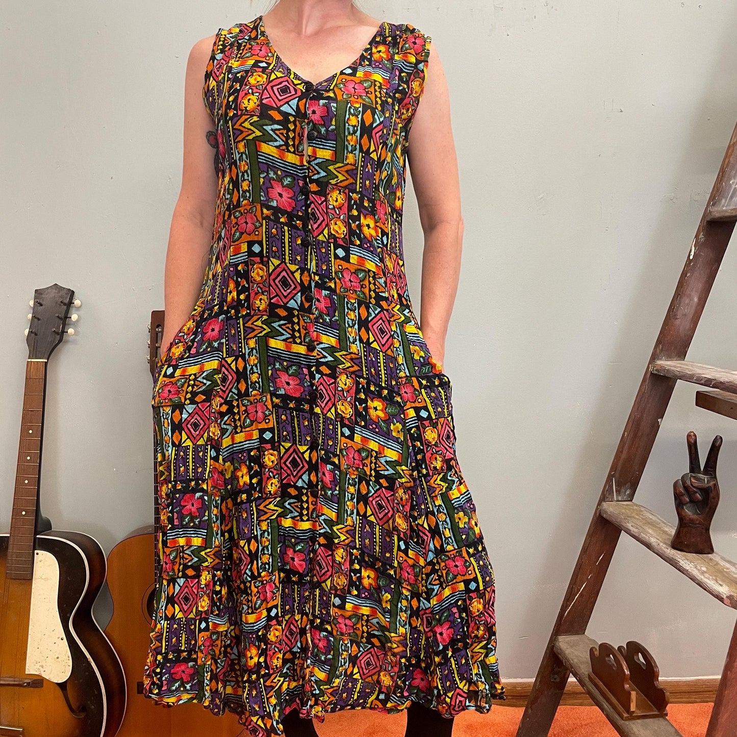 vtg 80s ABSTRACT PRINT RAYON Dress // flowy slinky wild patterned neon tank dress with pockets flower power zig zag op art psychedelic style