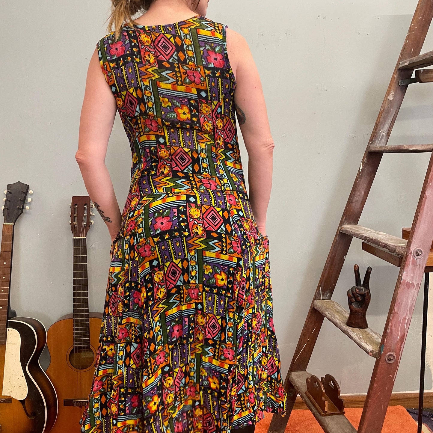 vtg 80s ABSTRACT PRINT RAYON Dress // flowy slinky wild patterned neon tank dress with pockets flower power zig zag op art psychedelic style