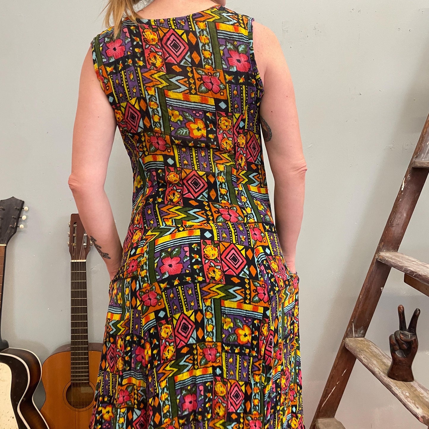 vtg 80s ABSTRACT PRINT RAYON Dress // flowy slinky wild patterned neon tank dress with pockets flower power zig zag op art psychedelic style