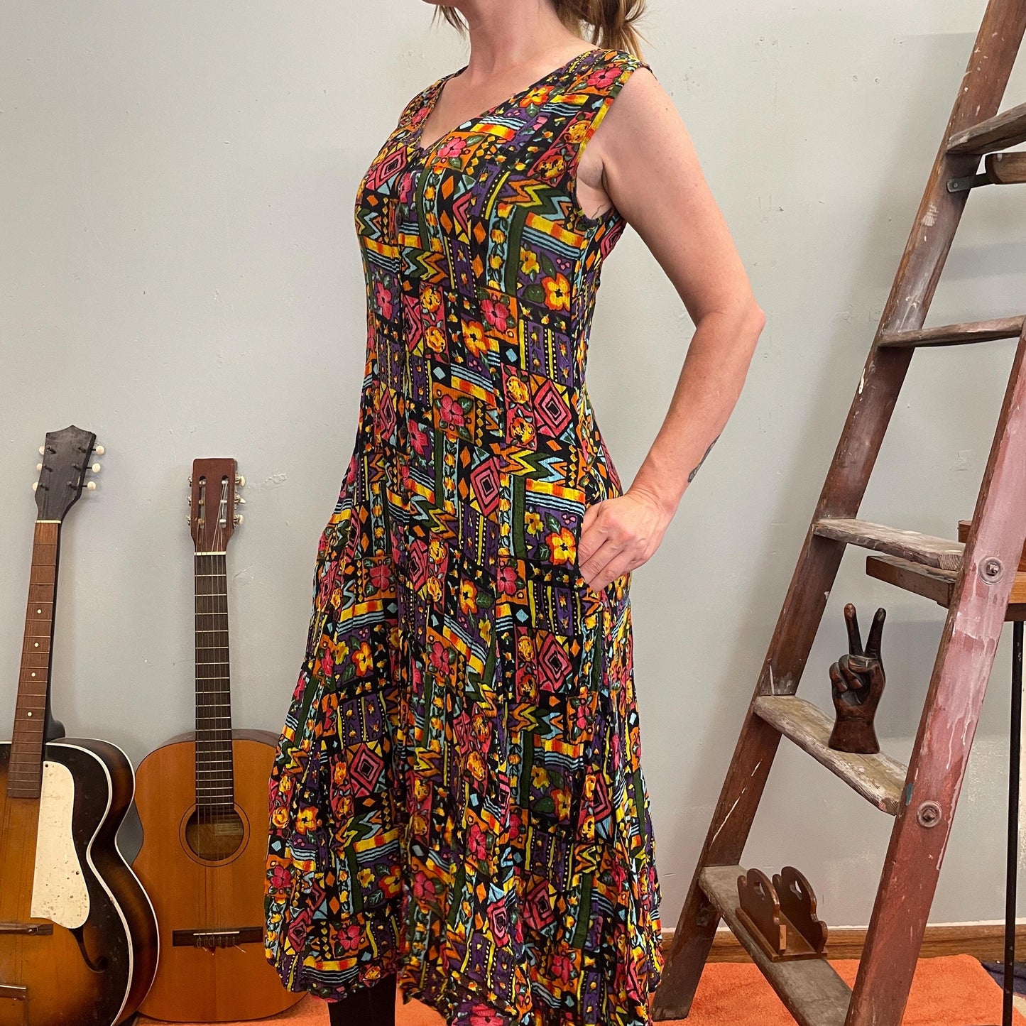 vtg 80s ABSTRACT PRINT RAYON Dress // flowy slinky wild patterned neon tank dress with pockets flower power zig zag op art psychedelic style