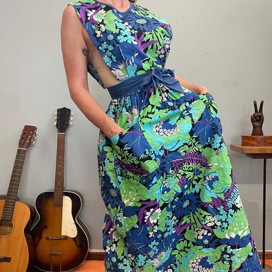 vtg 70s FLORAL APRON DRESS // Design House bright blue ruffle bib maxi wrap dress flower power neon mod hippie prairie peasant ren fair