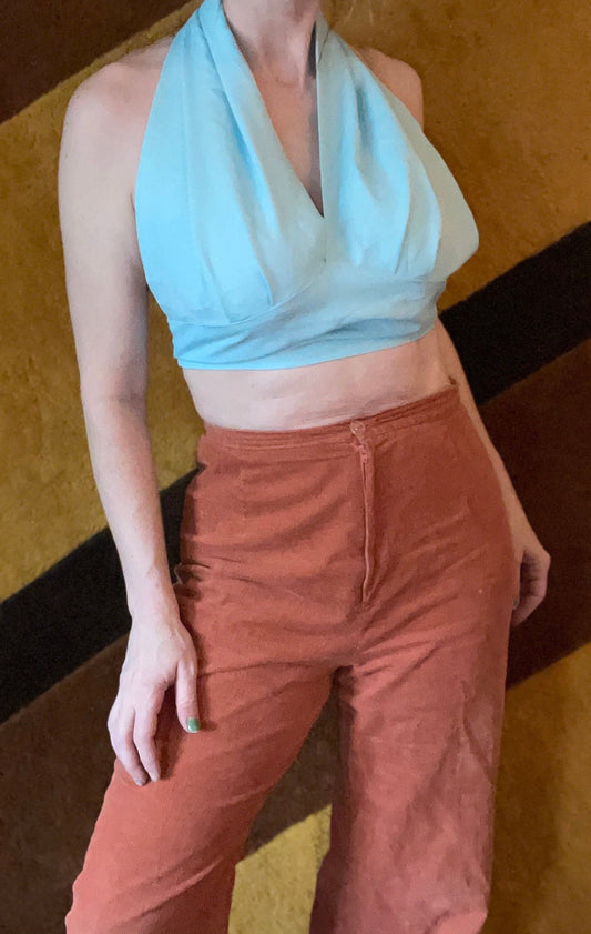 vtg 70s PASTEL HALTER TOP // vintage pastel fairy baby blue v neck tie back retro crop top autumn layers midriff shirt disco dance party