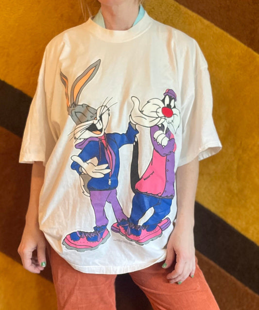vtg 90s LOONEY TUNES 4XL Shirt // vintage bugs bunny sylvester cat no boundaries big face print rap tee hip hop cartoon hype retro style top