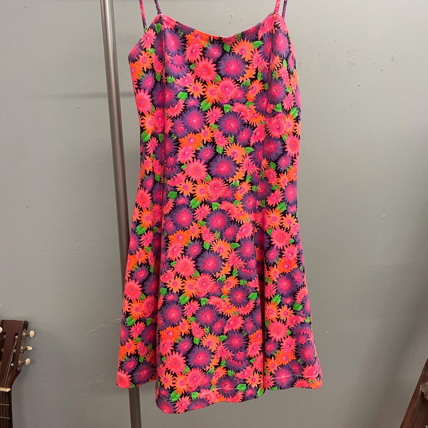 vtg 90s NEON FLORAL MINI dress // neon hot pink flower power twirly slinky spaghetti strap tank dress club dance fairy rave beverly hills