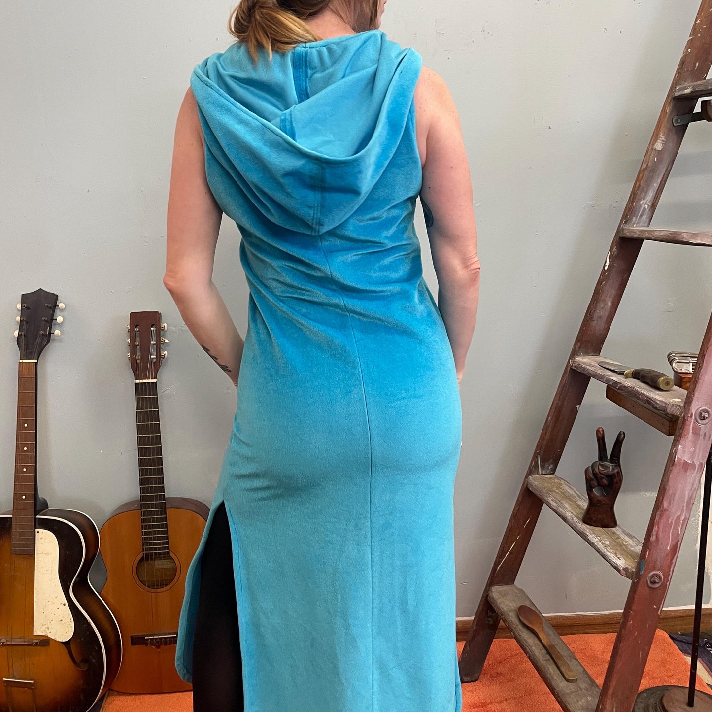 vtg 70s BLUE HOODED DRESS // soft velour metal clasps full length maxi gown with hood 2 thigh slits deep v neck beach wear lounge dress