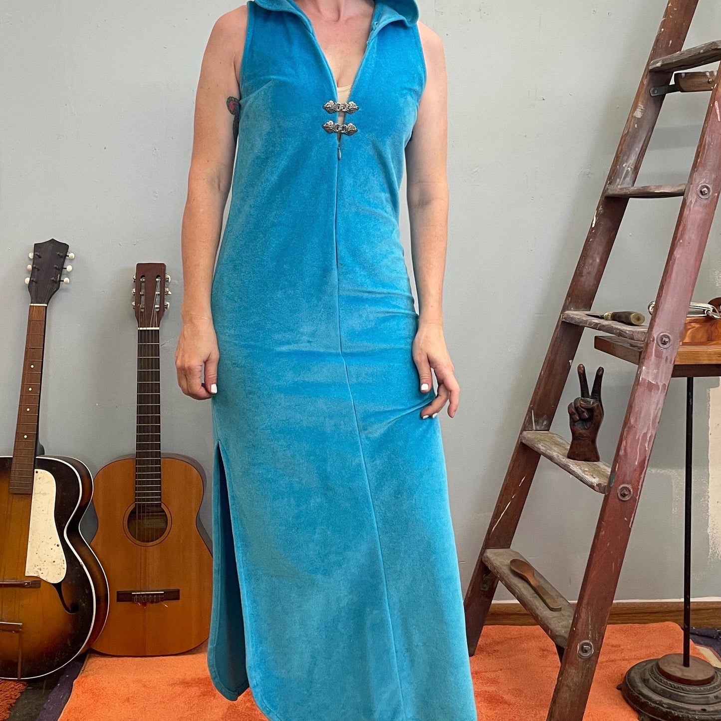 vtg 70s BLUE HOODED DRESS // soft velour metal clasps full length maxi gown with hood 2 thigh slits deep v neck beach wear lounge dress