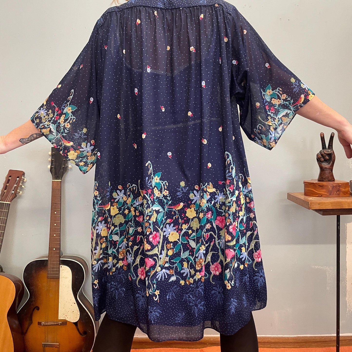 vtg 70s SHEER FLORAL ROBE // flowy stevie knicks style witchy cover up wide sleeve hippie bohemian ethereal mysterious lounger duster jacket