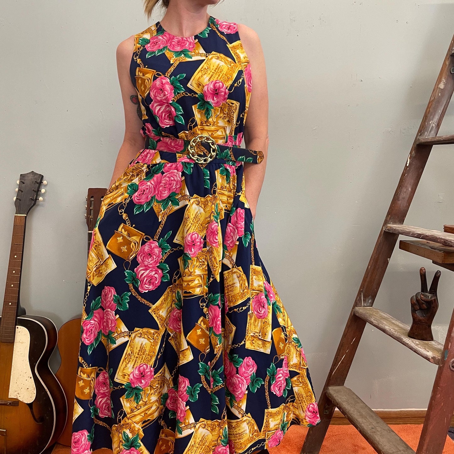 vtg 80s GOLD CHAIN PRINT Dress / pink roses flowy slinky day dress with pockets floral tank dress hermes gucci mob wife gaudy 90s designer