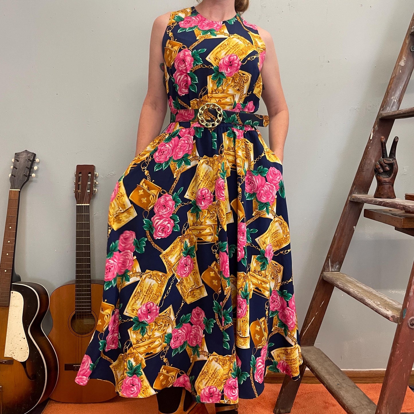 vtg 80s GOLD CHAIN PRINT Dress / pink roses flowy slinky day dress with pockets floral tank dress hermes gucci mob wife gaudy 90s designer