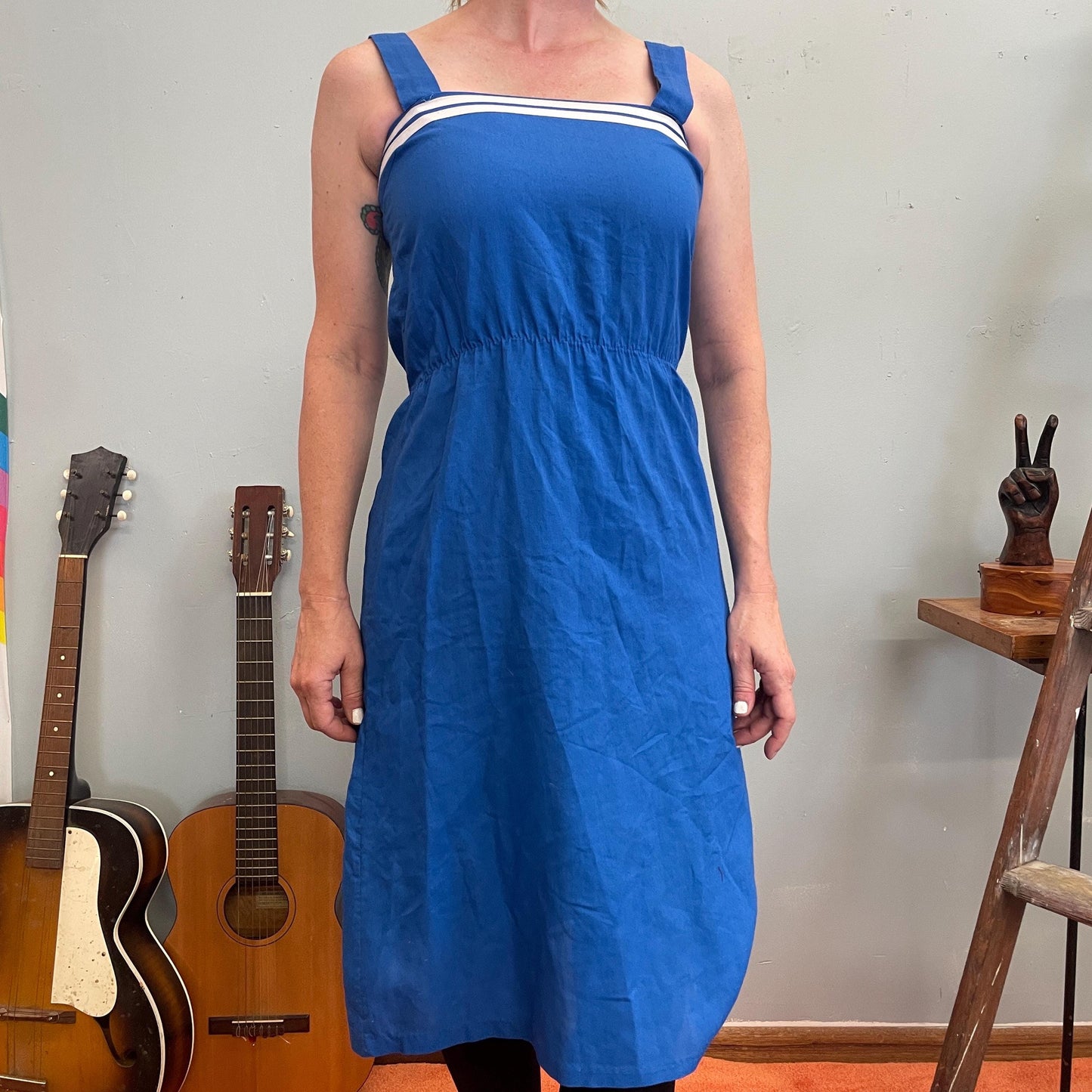 vtg 70s BLUE STRIPED TANK Dress // retro mid length minimalist casual secretary layering dress fall autumn cardigan cute ringer summer dress