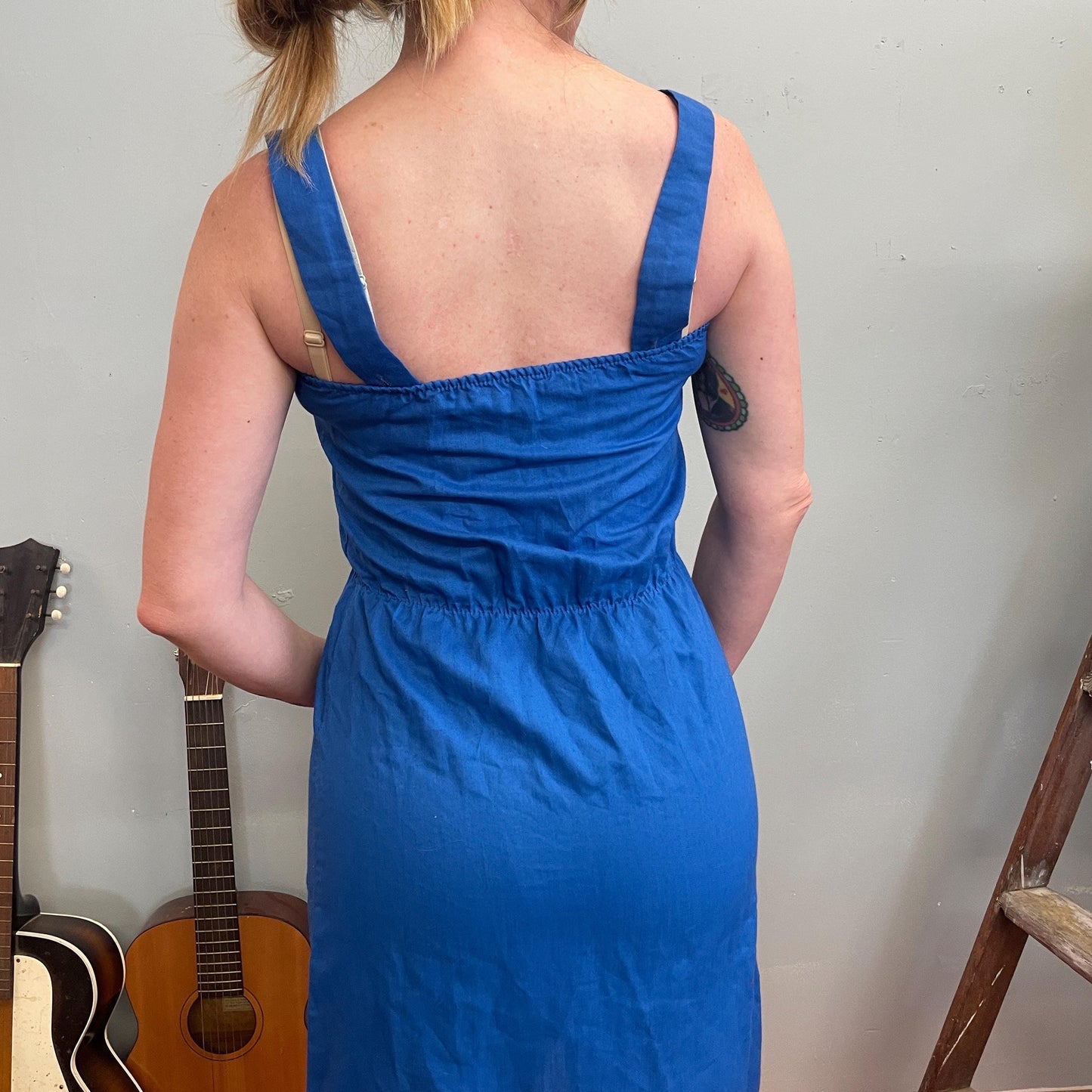 vtg 70s BLUE STRIPED TANK Dress // retro mid length minimalist casual secretary layering dress fall autumn cardigan cute ringer summer dress