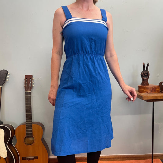 vtg 70s BLUE STRIPED TANK Dress // retro mid length minimalist casual secretary layering dress fall autumn cardigan cute ringer summer dress