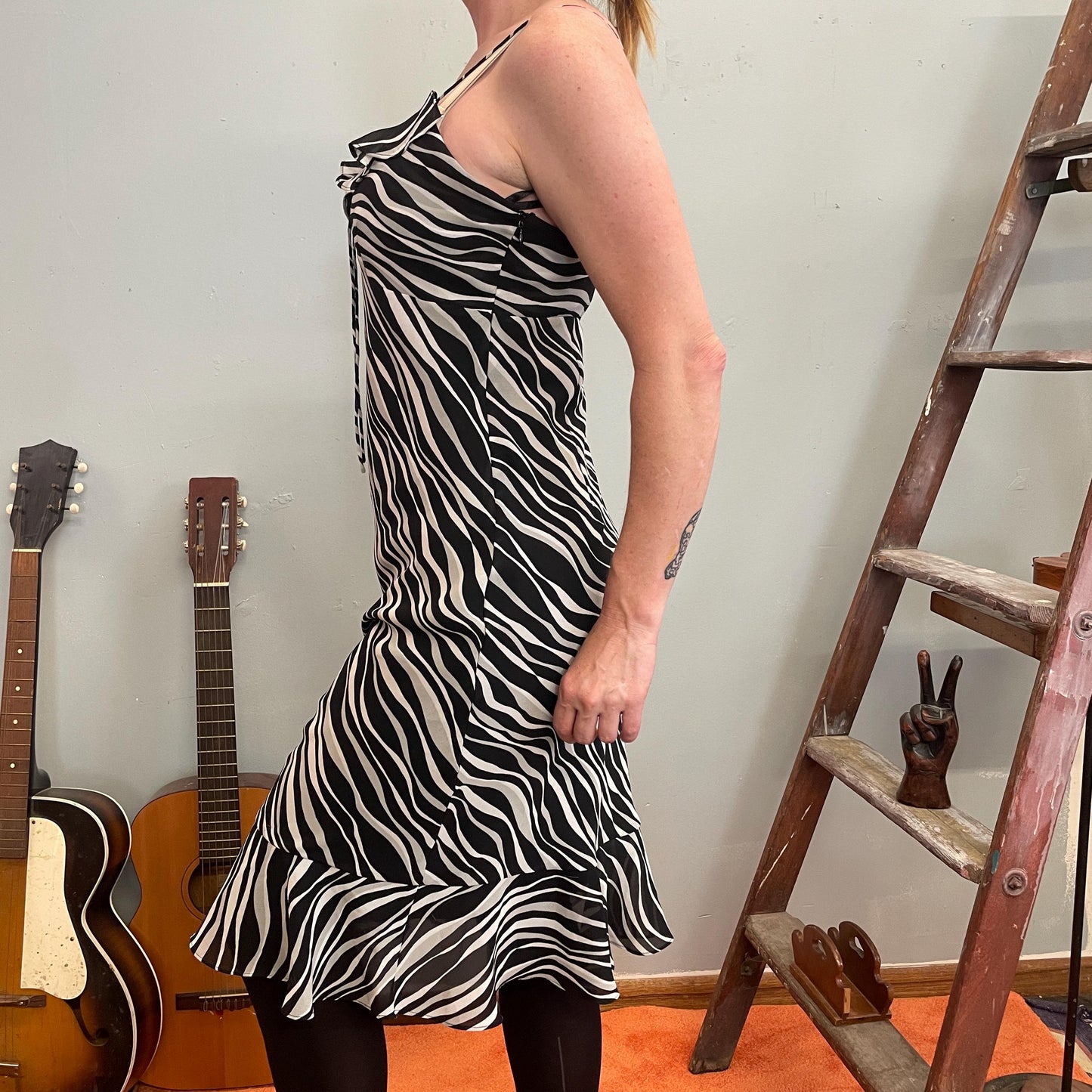 vtg 90s FLOWY ZEBRA PRINT dress //  animal print bias cut silky chiffon spaghetti strap all over print patterned Y2K party tank dress brat
