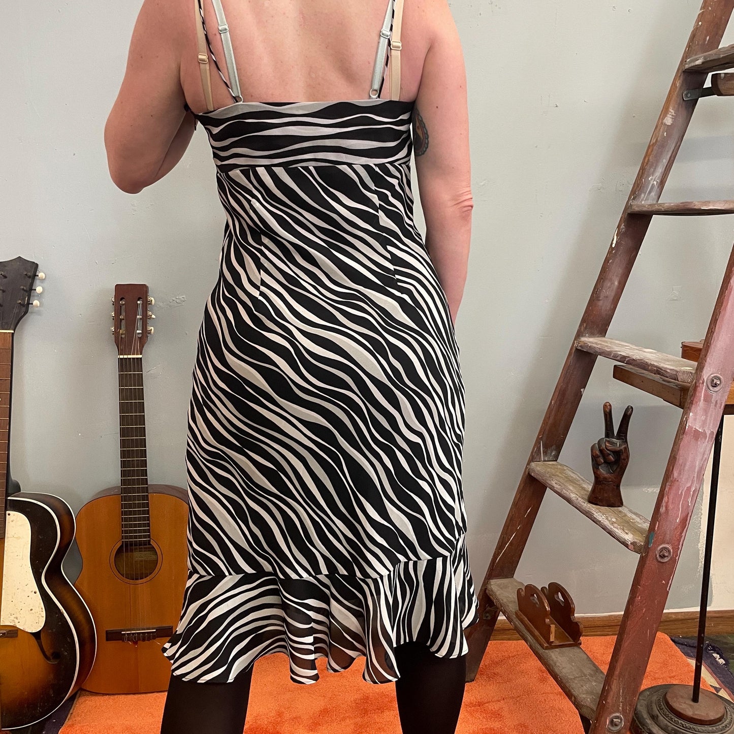 vtg 90s FLOWY ZEBRA PRINT dress //  animal print bias cut silky chiffon spaghetti strap all over print patterned Y2K party tank dress brat