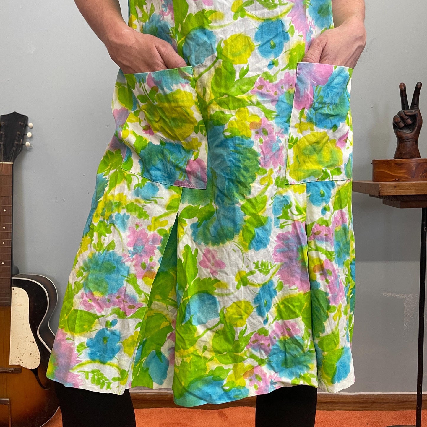 vtg 60s PASTEL FLORAL DRESS // soft rayon cotton watercolor pocket shift dress neon green mod retro flower power smock pleated mini scooter