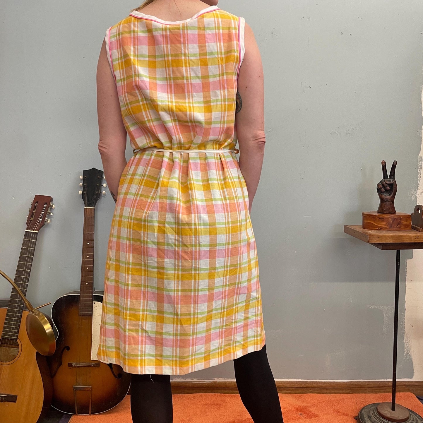 vtg 70s PASTEL BELTED DRESS // madras plaid bright neon curvy neckline belted smock day dress with pockets house dress apron cute cover up