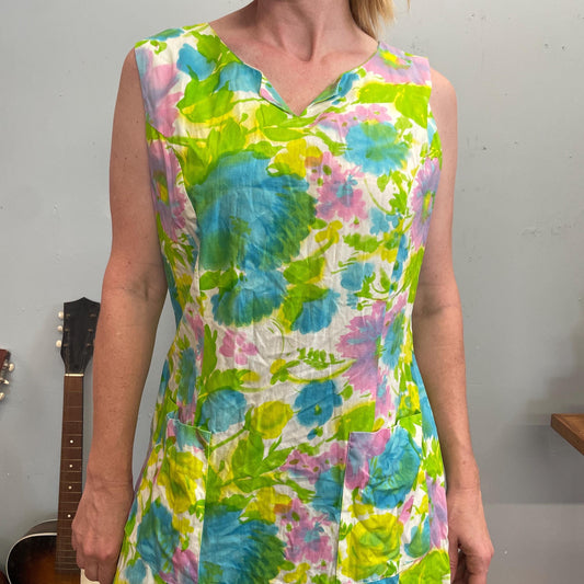 vtg 60s PASTEL FLORAL DRESS // soft rayon cotton watercolor pocket shift dress neon green mod retro flower power smock pleated mini scooter