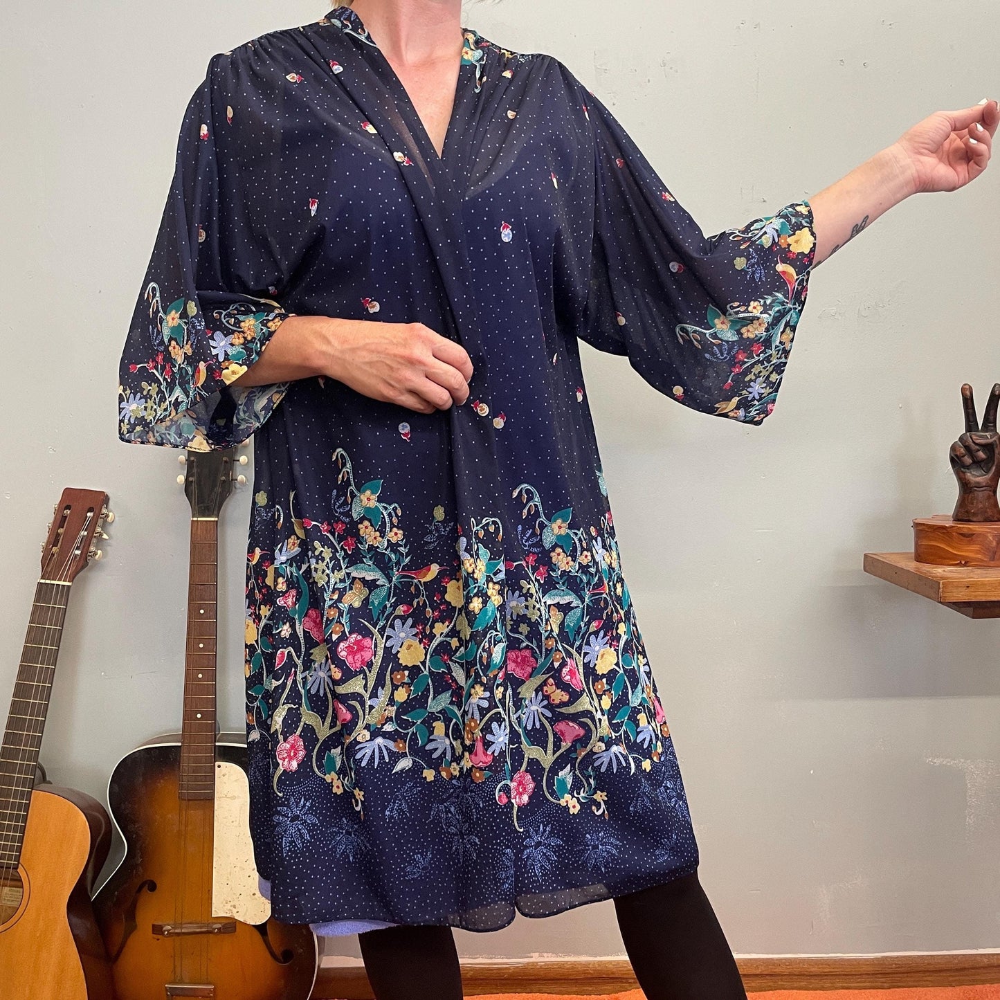 vtg 70s SHEER FLORAL ROBE // flowy stevie knicks style witchy cover up wide sleeve hippie bohemian ethereal mysterious lounger duster jacket