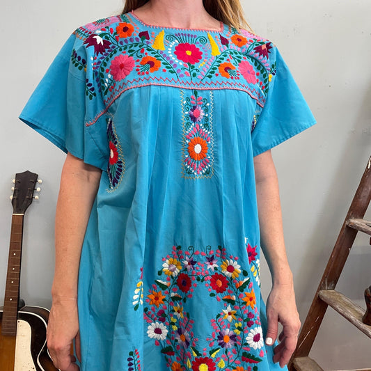 vtg 70s EMBROIDERED OAXACAN DRESS // bright blue floral Mexican cultural hippie boho maxi coco day of the dead festive flower power retro