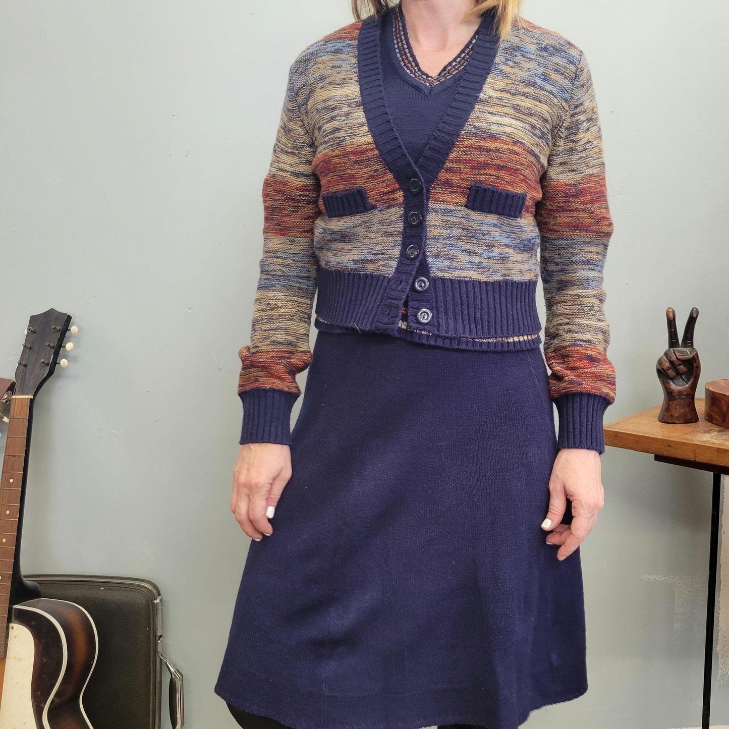 vtg 70s 3 PIECE SWEATER SET // space dye striped skirt set tank sweater mini skirt and groovy cardigan mod boho retro hippie jackie burkhart