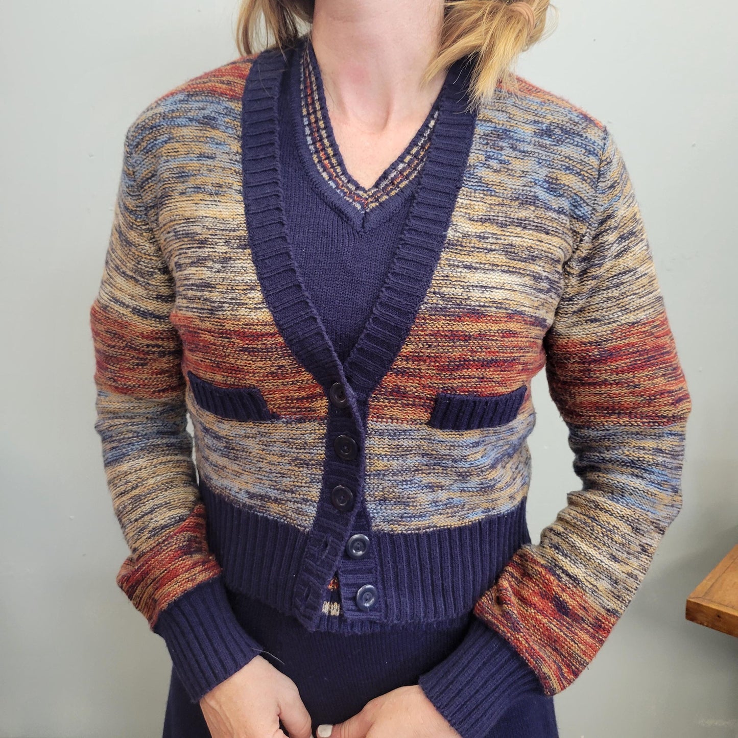 vtg 70s 3 PIECE SWEATER SET // space dye striped skirt set tank sweater mini skirt and groovy cardigan mod boho retro hippie jackie burkhart