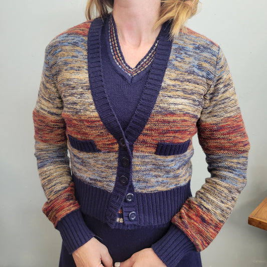 vtg 70s 3 PIECE SWEATER SET // space dye striped skirt set tank sweater mini skirt and groovy cardigan mod boho retro hippie jackie burkhart