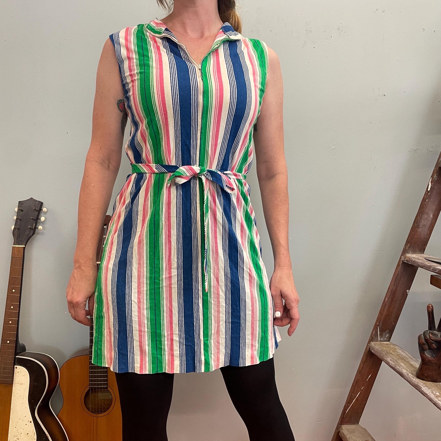 vtg 70s STRIPED TOWEL DRESS / candy striped belted mini dress bright neon beach cover up zip up fun funky 70s roller disco shift dress cute