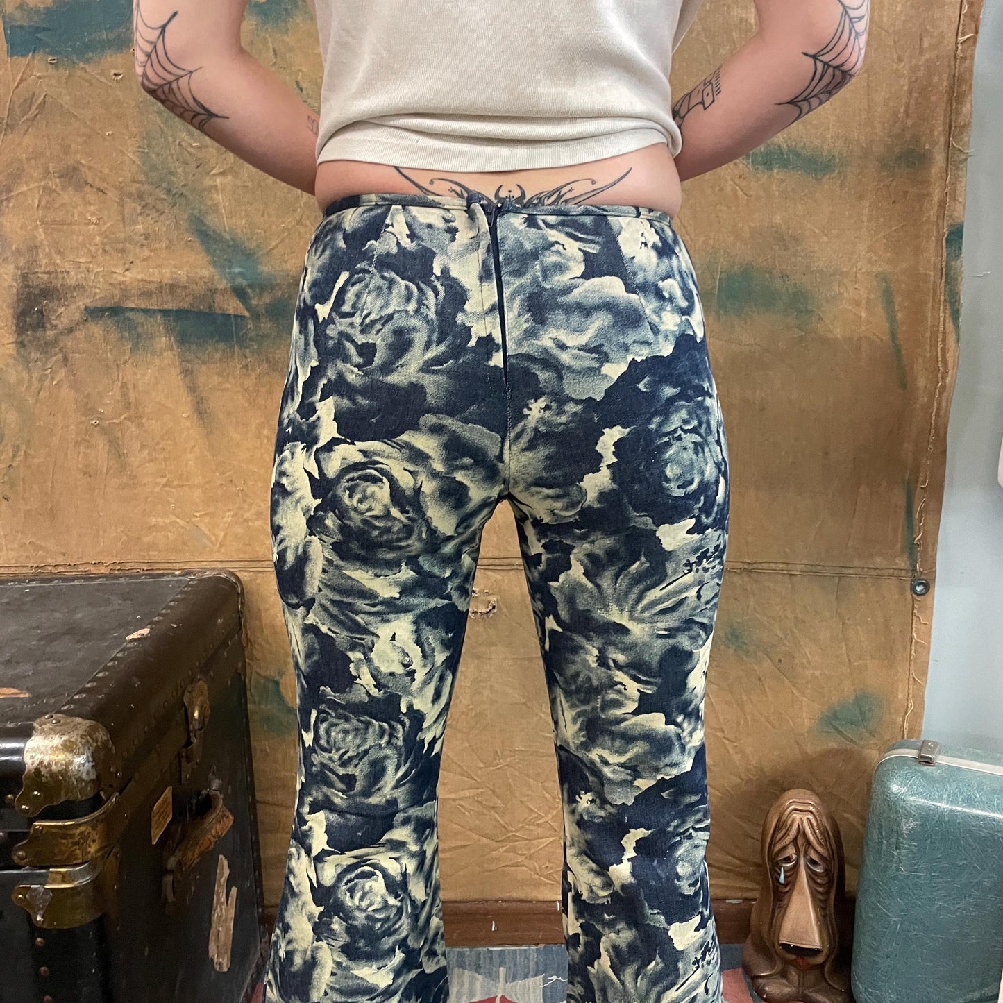 vtg 90s BLACK ROSES BELLBOTTOMS // vintage Y2K does 70s hippie flare leg all over print bare back low rise woodstock rocker retro fashion