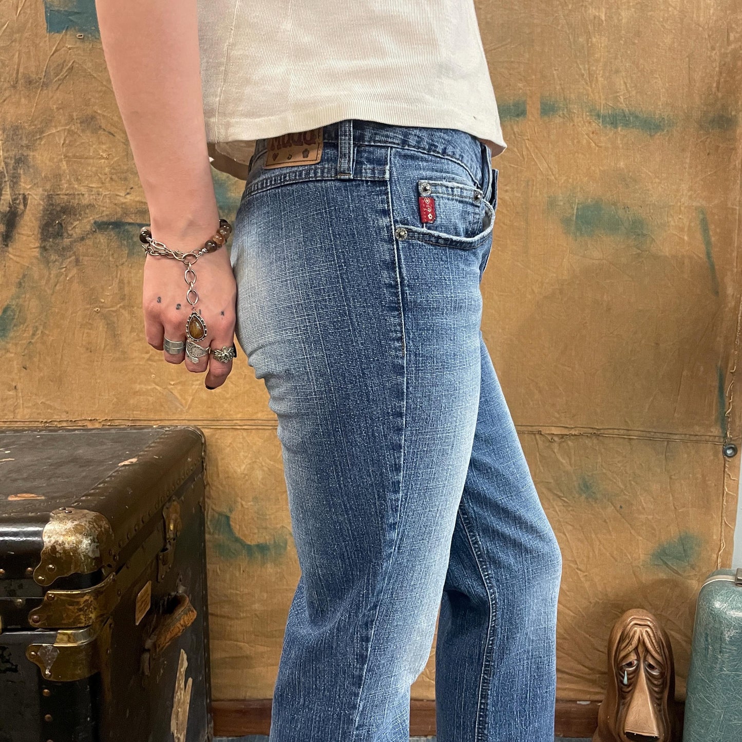 vtg 90s ACID WASH MUDD jeans // vintage Y2K bareback ombre light medium wash straight bootcut flare leg hippie grunge brat distressed worn