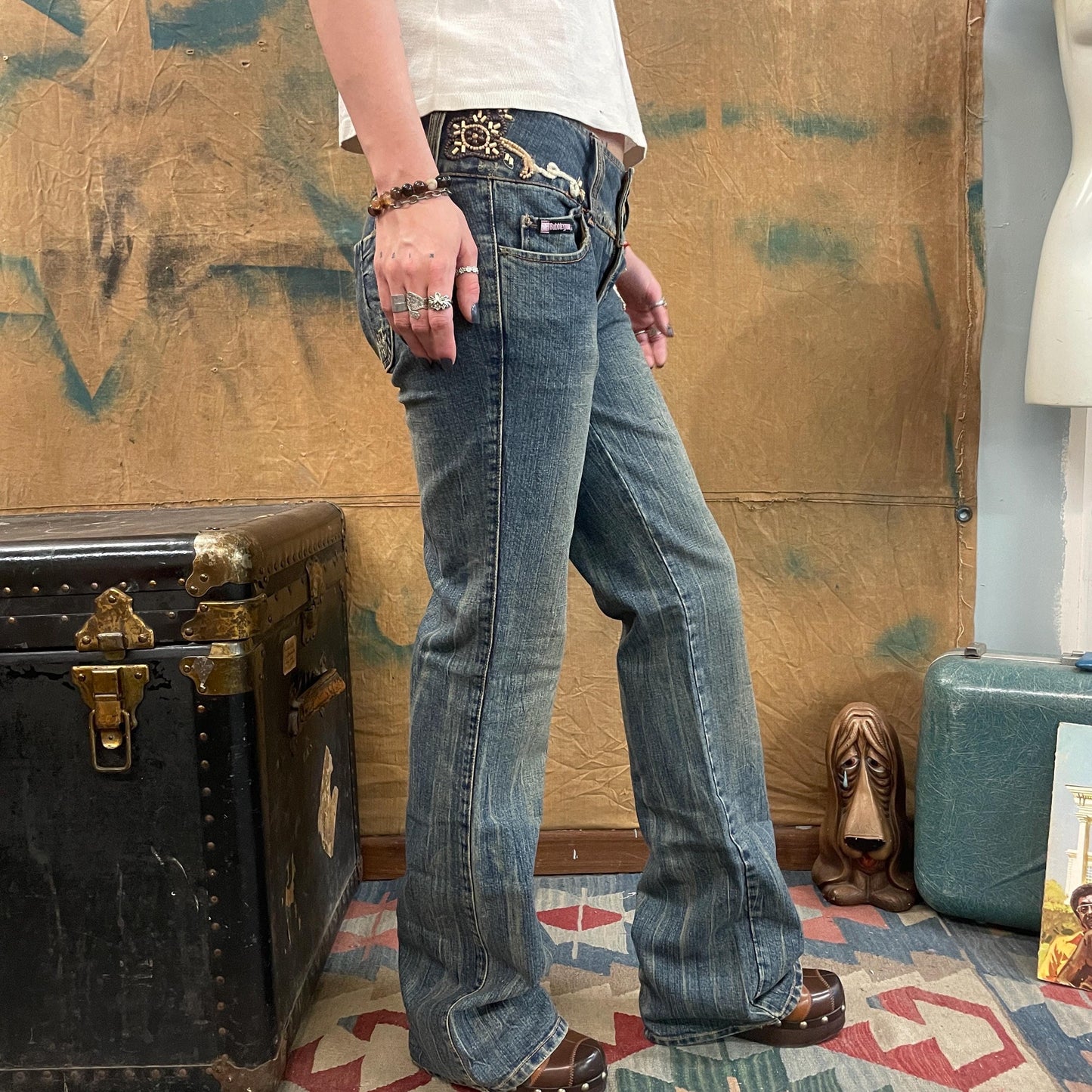 vtg 90s BEADED FLARE JEANS // vintage low rise medium stone washed embroidered bootcut wide leg bubblegum y2k style denim hippie boho jeans