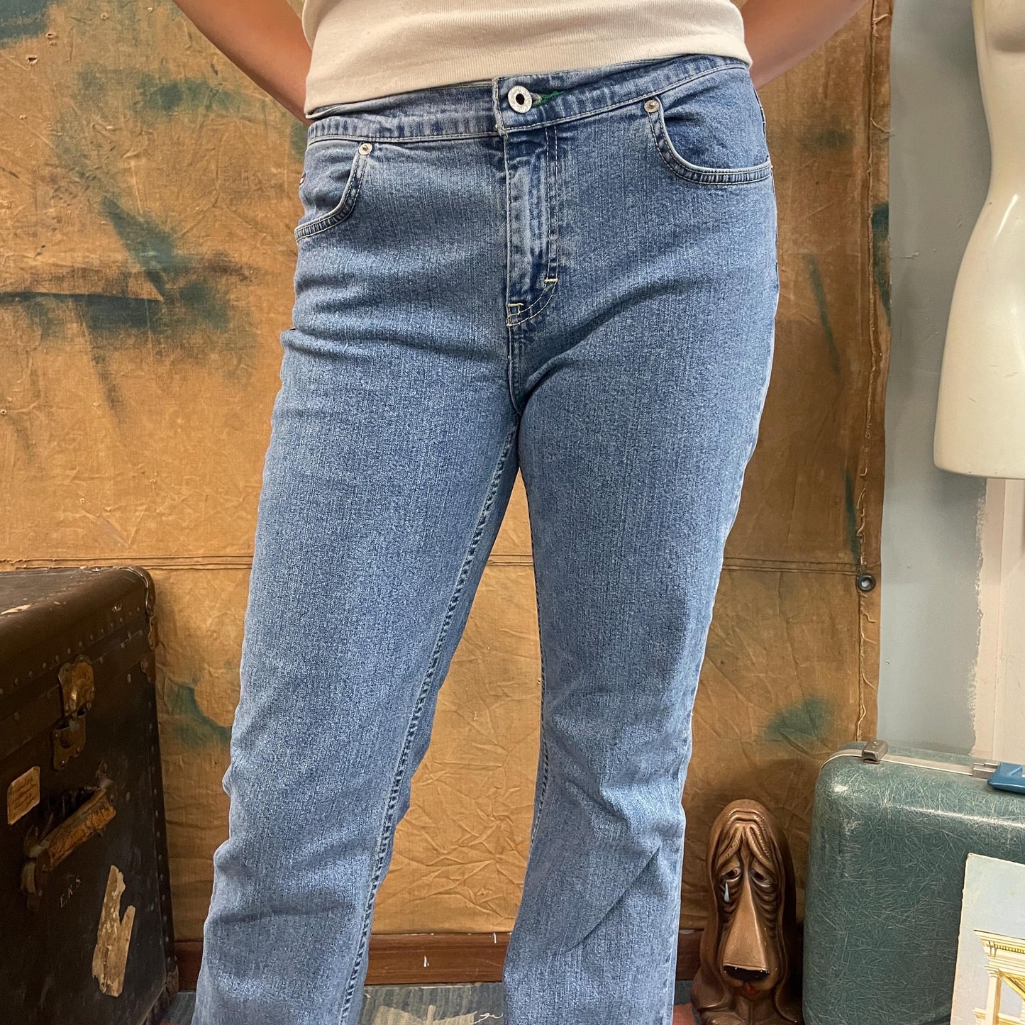 vtg 90s TOMMY HILFIGER JEANS // vintage flare leg bare back low mid rise light wash bell bottom wide leg retro y2k fashion 90s tommy girl