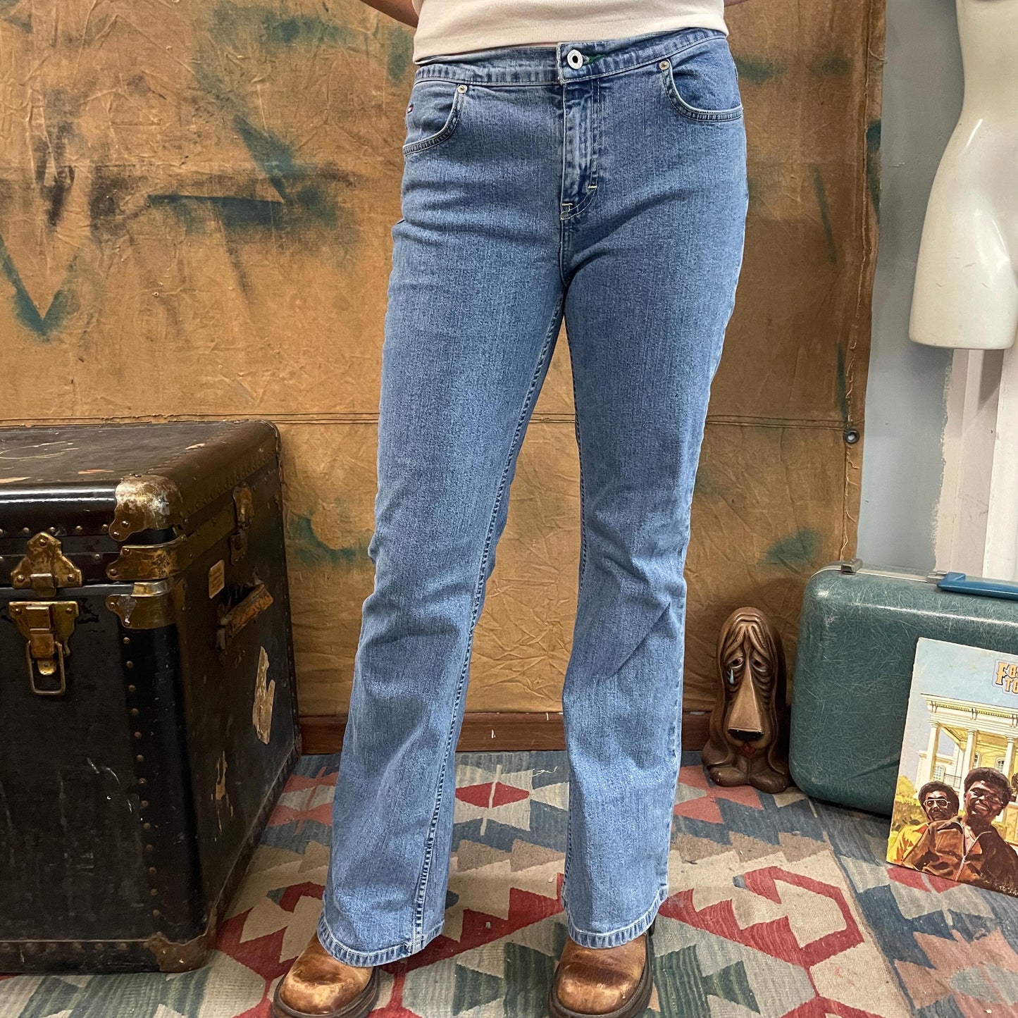 vtg 90s TOMMY HILFIGER JEANS // vintage flare leg bare back low mid rise light wash bell bottom wide leg retro y2k fashion 90s tommy girl
