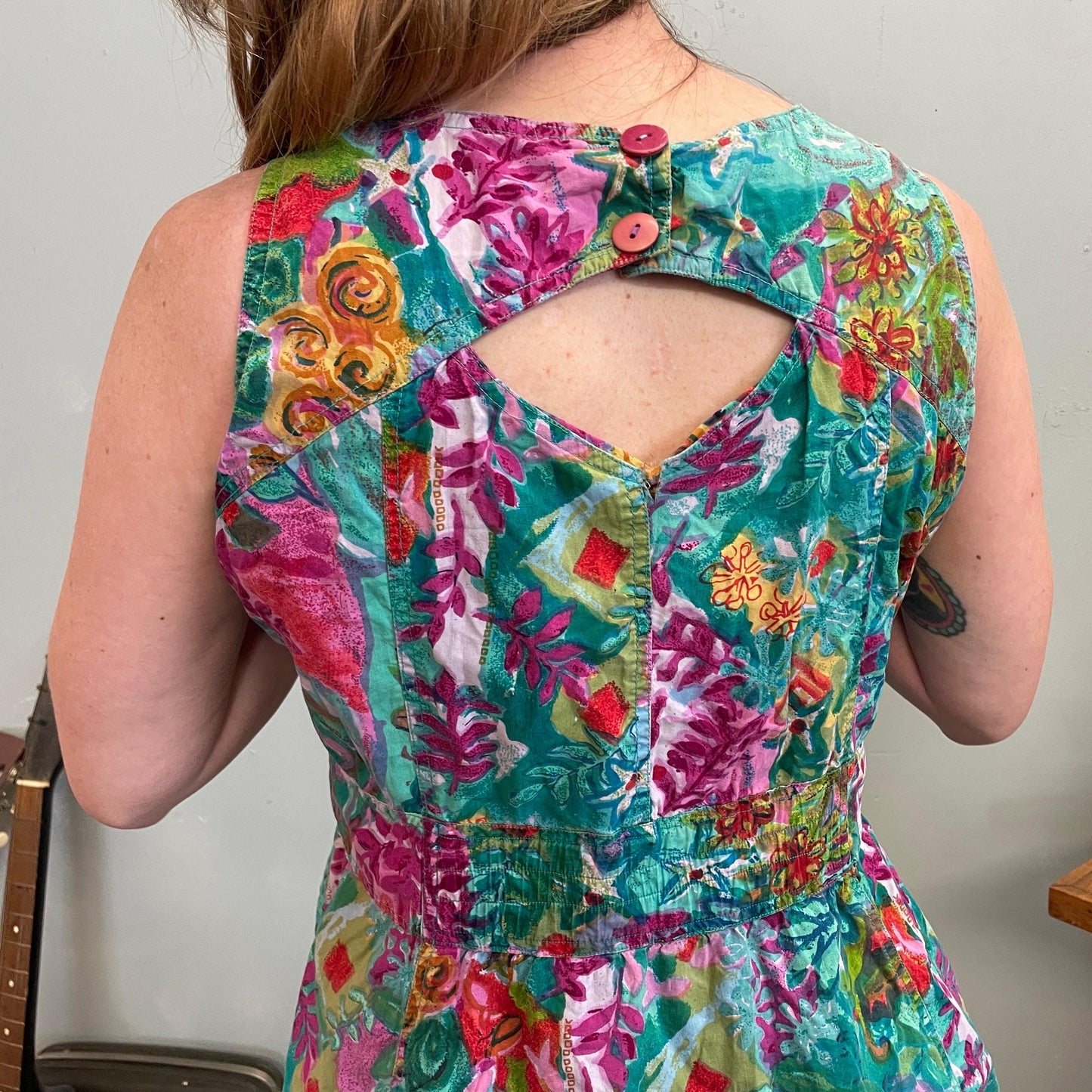 vtg 80s FLORAL CUT OUT Dress // all over print funky patterned midi back to school  tent dress teacher core tank mini psychedelic flower