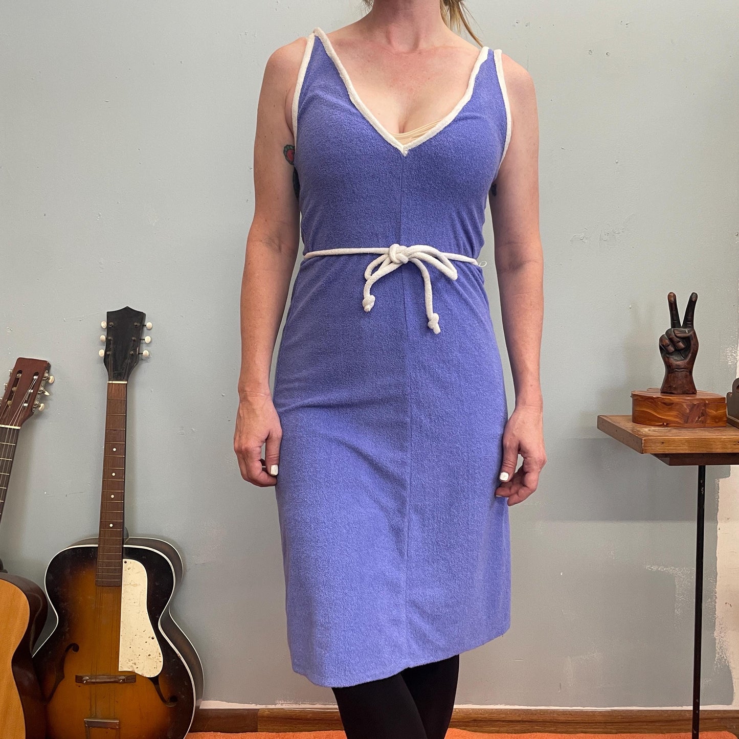 vtg 70s LAVENDER TERRYCLOTH DRESS // deep v neck belted tank cover up swim double vee low plunge cut out retro towel pool party casual sexy
