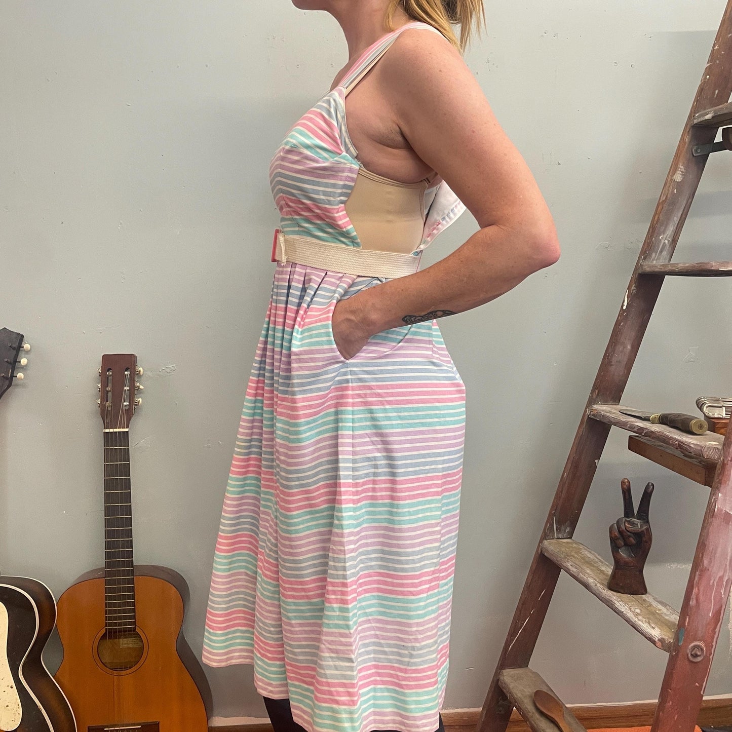 vtg 70s PASTEL STRIPED BELTED Dress // pockets cute preppy retro day dress fit n flare midi rainbow fairy tank dress valley girl 80s school