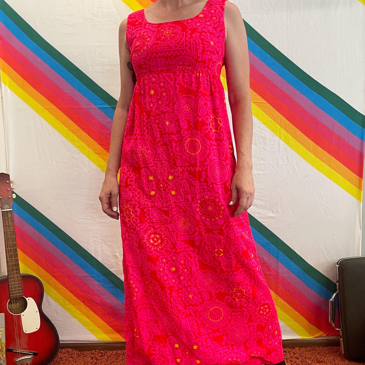 vtg 70s NEON PSYCHEDELIC MAXI // bright neon pink & yellow day glow tank dress hawaiian barkcloth hippie bohemian long flowy gown halloween