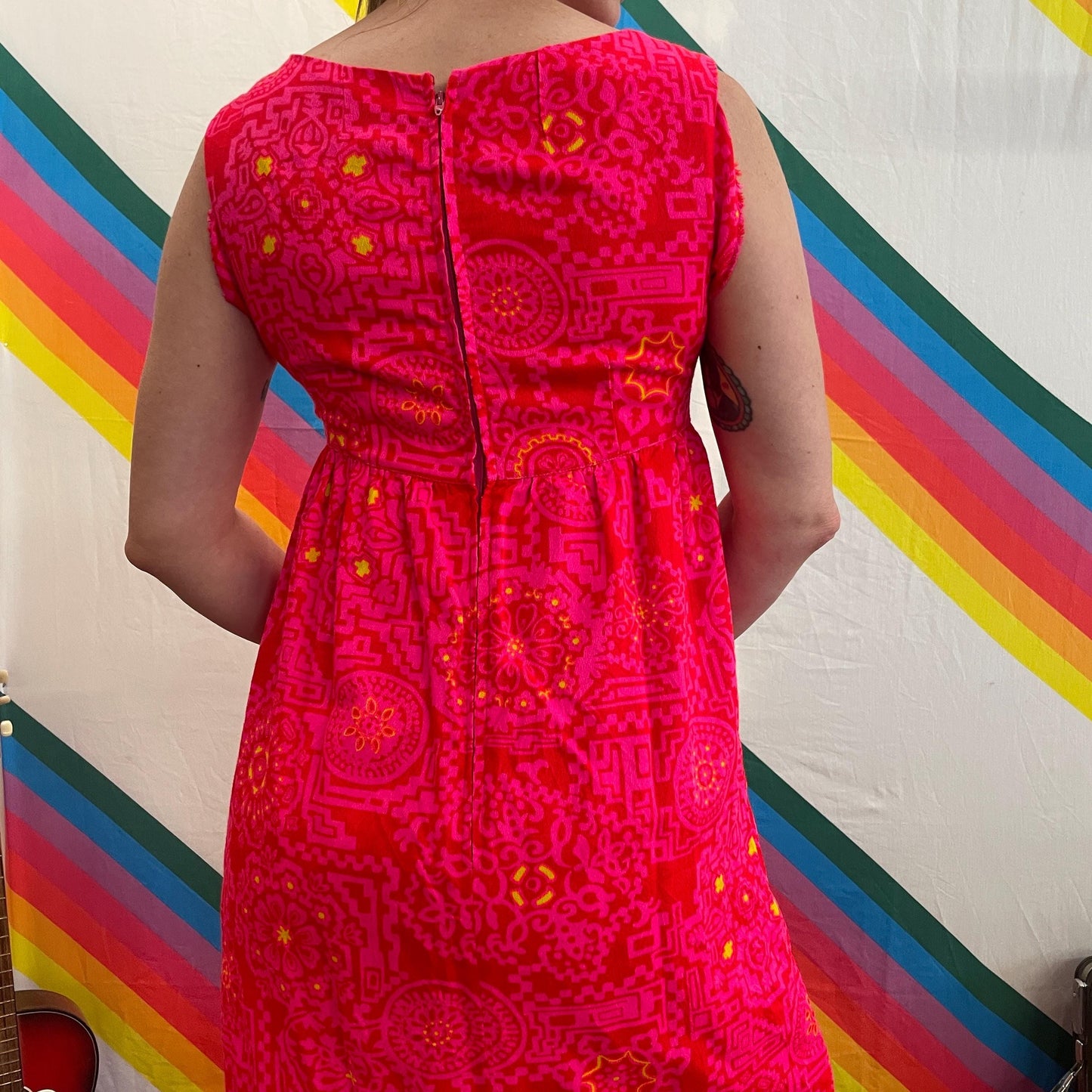 vtg 70s NEON PSYCHEDELIC MAXI // bright neon pink & yellow day glow tank dress hawaiian barkcloth hippie bohemian long flowy gown halloween