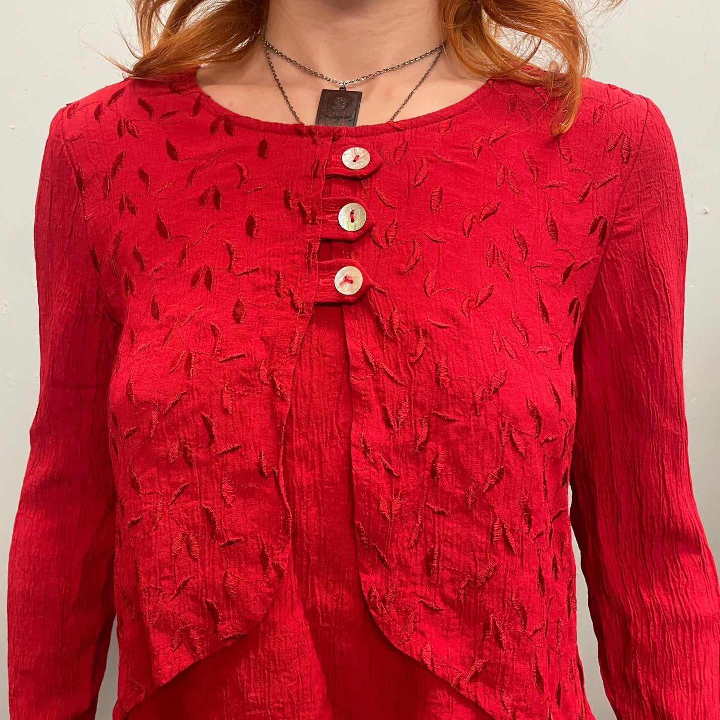 vtg 90s RED LONG SLEEVE crop top // vintage embroidered asymmetrical crimson rayon y2k Karin Stevens sexy flowy cropped dressy casual blouse