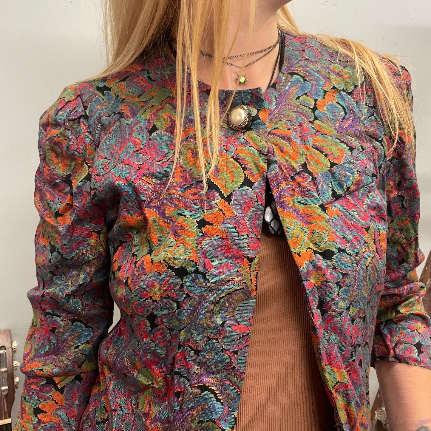 vtg 80s ABSTRACT PATTERNED BLOUSE // vintage psychedelic acid drip paisley oil spill open front crop top flowy rayon casual autumn y2k earth