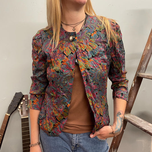 vtg 80s ABSTRACT PATTERNED BLOUSE // vintage psychedelic acid drip paisley oil spill open front crop top flowy rayon casual autumn y2k earth